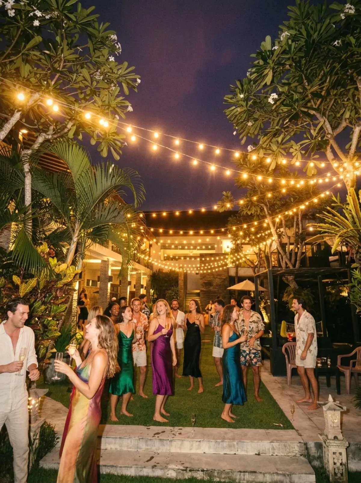 Guests in the villa garden at night