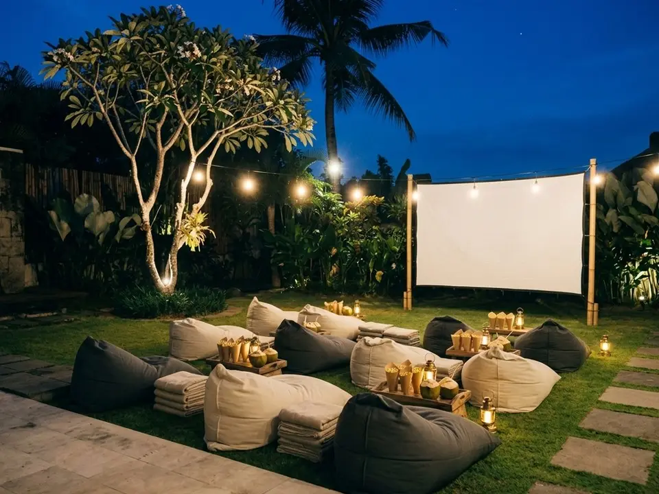 Guests on beanbags on the villa lawn at night, watching a film on a big outdoor screen